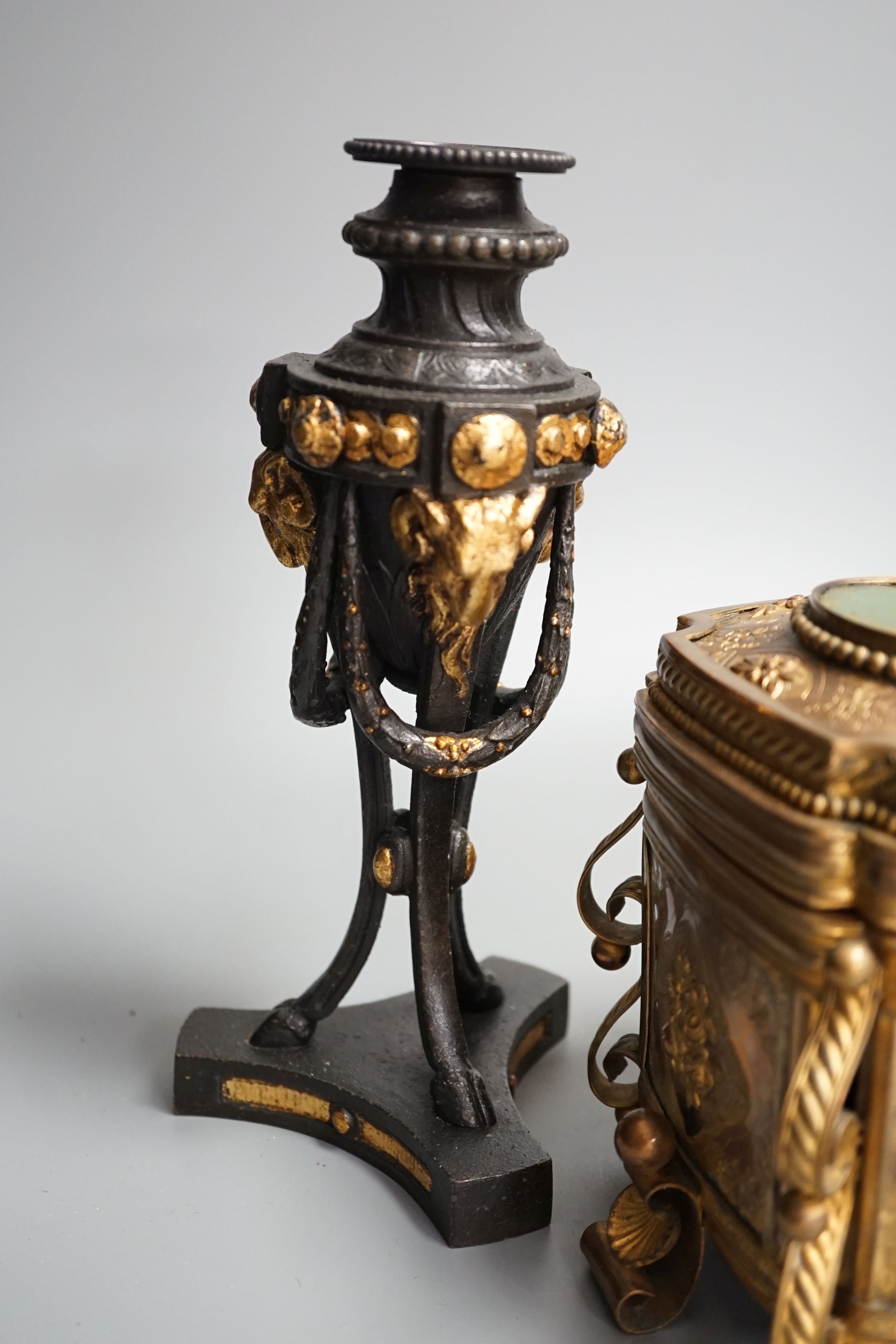 A French gilt metal casket inset with reverse painted glass panels and a pair of ormolu style candlesticks, 22.5cm tall